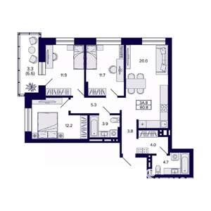 3-к квартира, вторичка, 81м2, 10/20 этаж