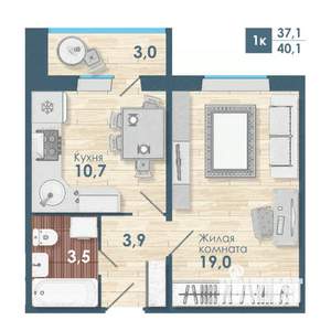 1-к квартира, строящийся дом, 40м2, 9/18 этаж