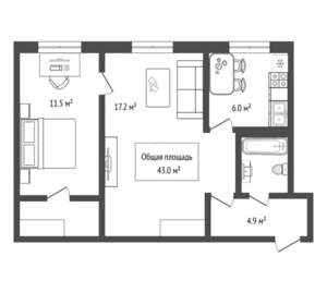2-к квартира, вторичка, 43м2, 4/5 этаж