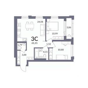 3-к квартира, вторичка, 61м2, 6/14 этаж