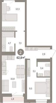 2-к квартира, вторичка, 63м2, 5/15 этаж
