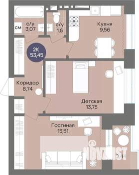 2-к квартира, вторичка, 53м2, 2/15 этаж