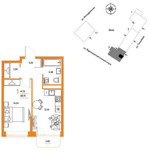 1-к квартира, вторичка, 41м2, 4/9 этаж