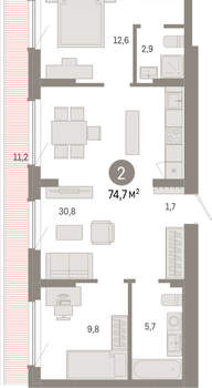 2-к квартира, вторичка, 75м2, 8/12 этаж