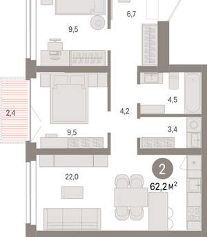 2-к квартира, вторичка, 62м2, 4/23 этаж