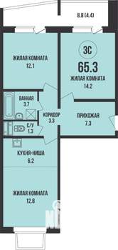 2-к квартира, строящийся дом, 65м2, 2/13 этаж