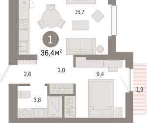 1-к квартира, вторичка, 36м2, 6/12 этаж