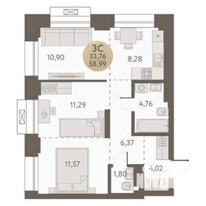 3-к квартира, вторичка, 59м2, 21/31 этаж