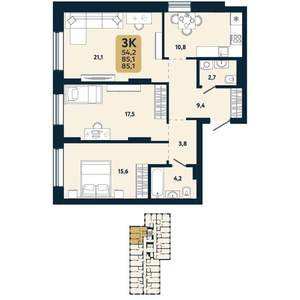 3-к квартира, вторичка, 85м2, 3/25 этаж