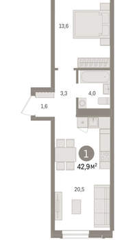 1-к квартира, вторичка, 43м2, 4/15 этаж