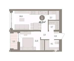 1-к квартира, вторичка, 48м2, 13/16 этаж