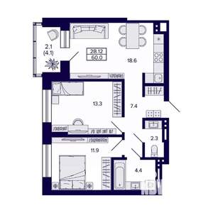 2-к квартира, вторичка, 60м2, 20/20 этаж