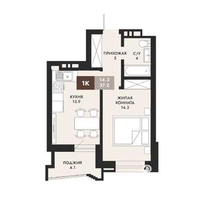 1-к квартира, вторичка, 37м2, 14/22 этаж