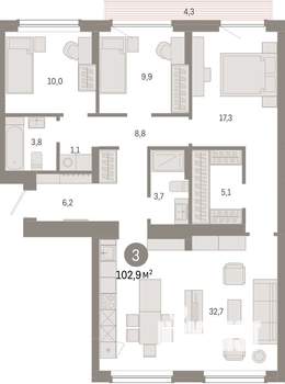3-к квартира, вторичка, 103м2, 9/12 этаж