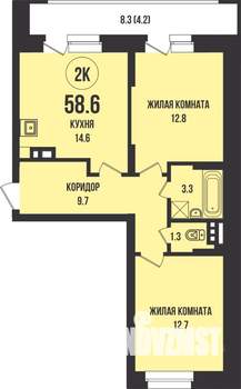 2-к квартира, строящийся дом, 59м2, 3/13 этаж