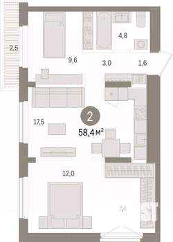 2-к квартира, вторичка, 58м2, 9/9 этаж