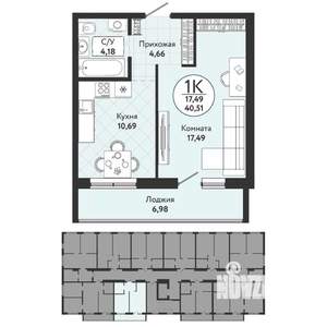 1-к квартира, вторичка, 41м2, 9/9 этаж