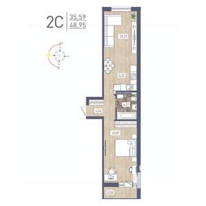 2-к квартира, строящийся дом, 49м2, 17/17 этаж