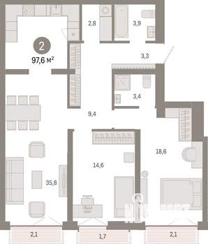2-к квартира, вторичка, 98м2, 2/14 этаж