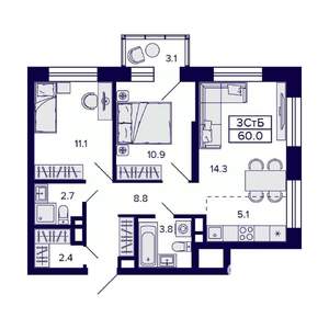 3-к квартира, вторичка, 60м2, 16/23 этаж