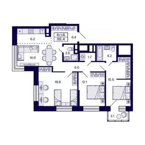 4-к квартира, вторичка, 88м2, 20/23 этаж