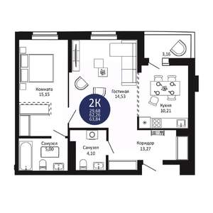 2-к квартира, вторичка, 64м2, 14/20 этаж