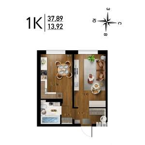 1-к квартира, строящийся дом, 38м2, 1/17 этаж