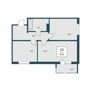 2-к квартира, вторичка, 59м2, 9/17 этаж