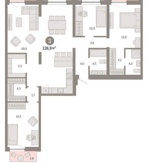 3-к квартира, вторичка, 127м2, 6/17 этаж