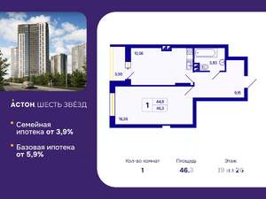 1-к квартира, вторичка, 46м2, 19/26 этаж
