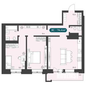 3-к квартира, вторичка, 74м2, 15/25 этаж