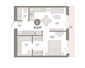 1-к квартира, вторичка, 47м2, 3/24 этаж