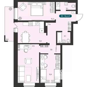 3-к квартира, вторичка, 76м2, 6/25 этаж