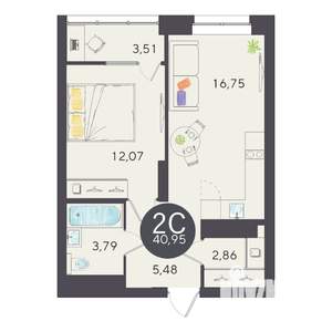 2-к квартира, вторичка, 41м2, 14/25 этаж