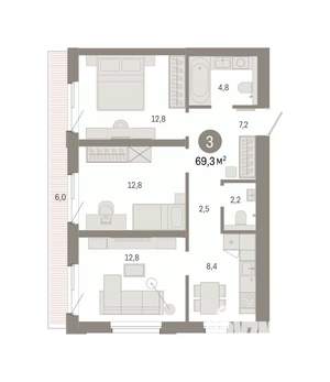 3-к квартира, вторичка, 69м2, 3/9 этаж