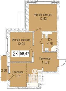 2-к квартира, сданный дом, 56м2, 1/9 этаж