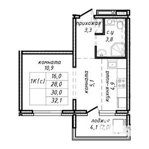 1-к квартира, строящийся дом, 30м2, 13/17 этаж