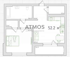 1-к квартира, вторичка, 52м2, 3/9 этаж