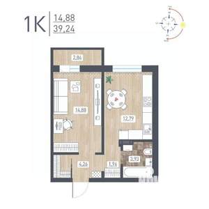1-к квартира, строящийся дом, 39м2, 4/17 этаж