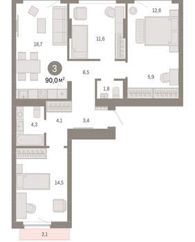 3-к квартира, вторичка, 90м2, 7/12 этаж