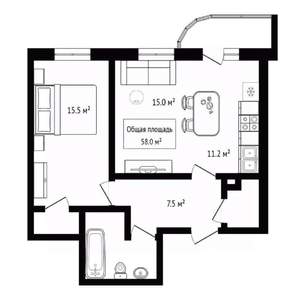 2-к квартира, сданный дом, 58м2, 18/20 этаж