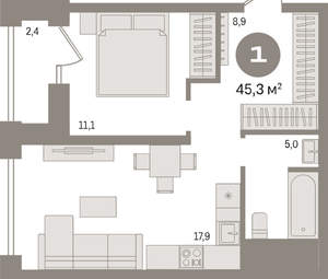 1-к квартира, вторичка, 45м2, 18/30 этаж