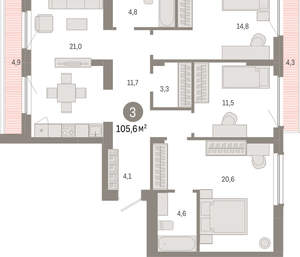 3-к квартира, вторичка, 106м2, 9/12 этаж