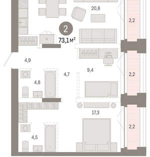 2-к квартира, вторичка, 73м2, 13/23 этаж