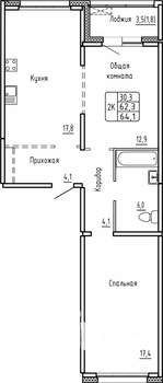2-к квартира, строящийся дом, 64м2, 1/14 этаж