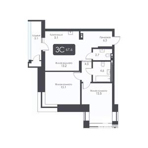 3-к квартира, строящийся дом, 68м2, 6/30 этаж