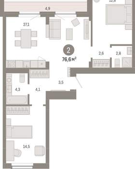 2-к квартира, вторичка, 77м2, 8/12 этаж