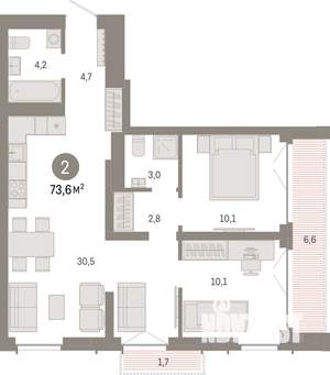 2-к квартира, вторичка, 74м2, 10/23 этаж