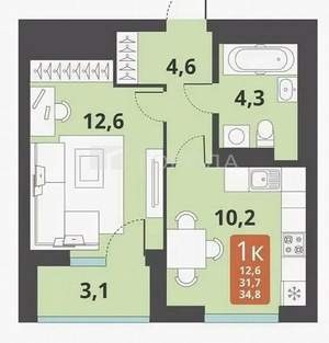 1-к квартира, вторичка, 35м2, 12/16 этаж
