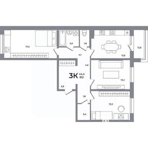 3-к квартира, вторичка, 83м2, 17/17 этаж